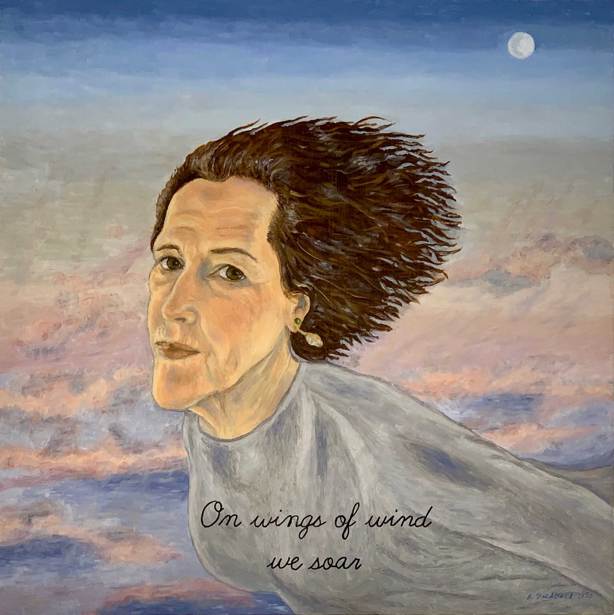 Gaia and Shekhina Speak: On Wings of Wind, 2019, oil on panel, 24x24