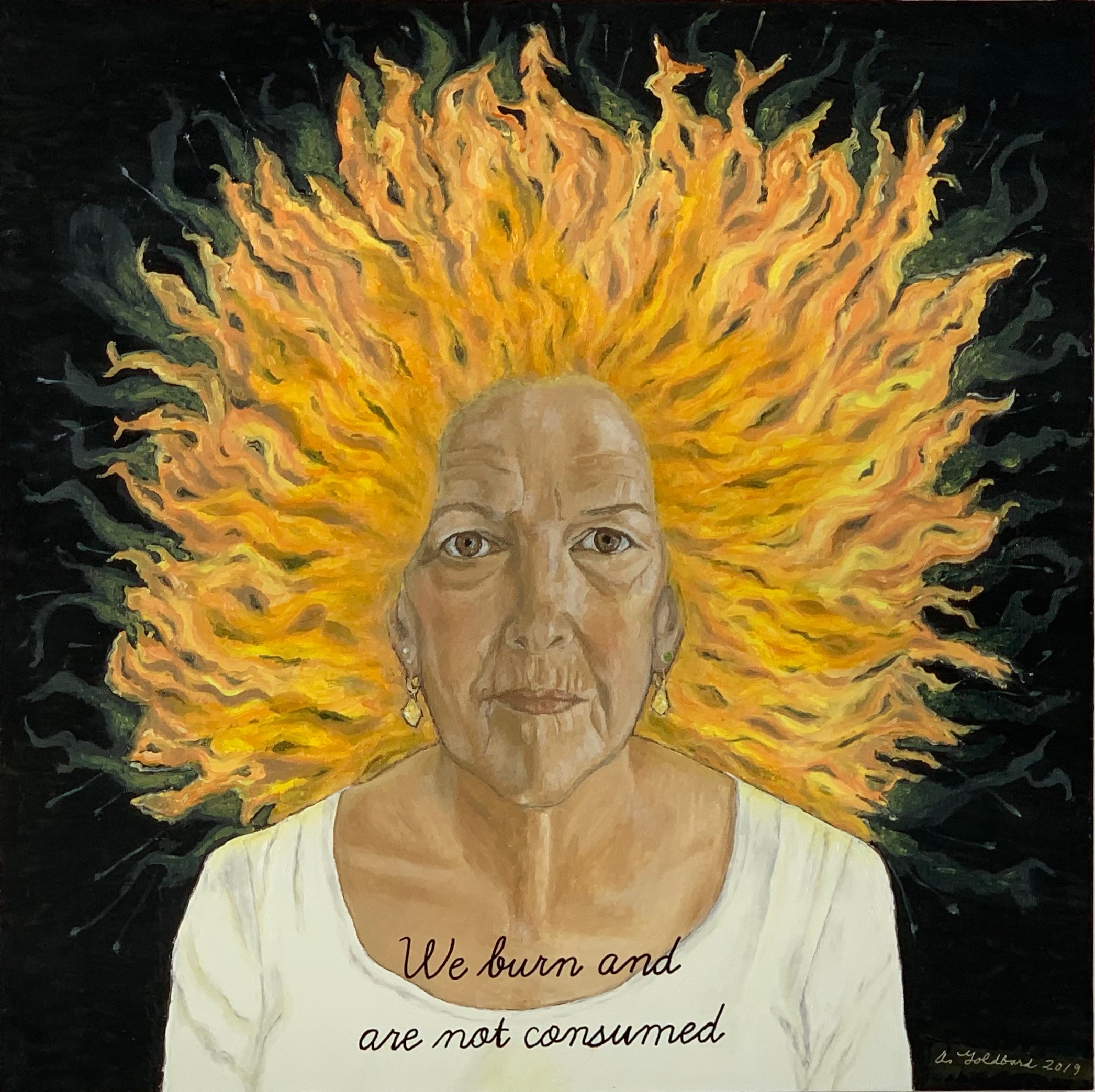 Gaia and Shekhina Speak: We Burn, 2019, oil on panel 24x24