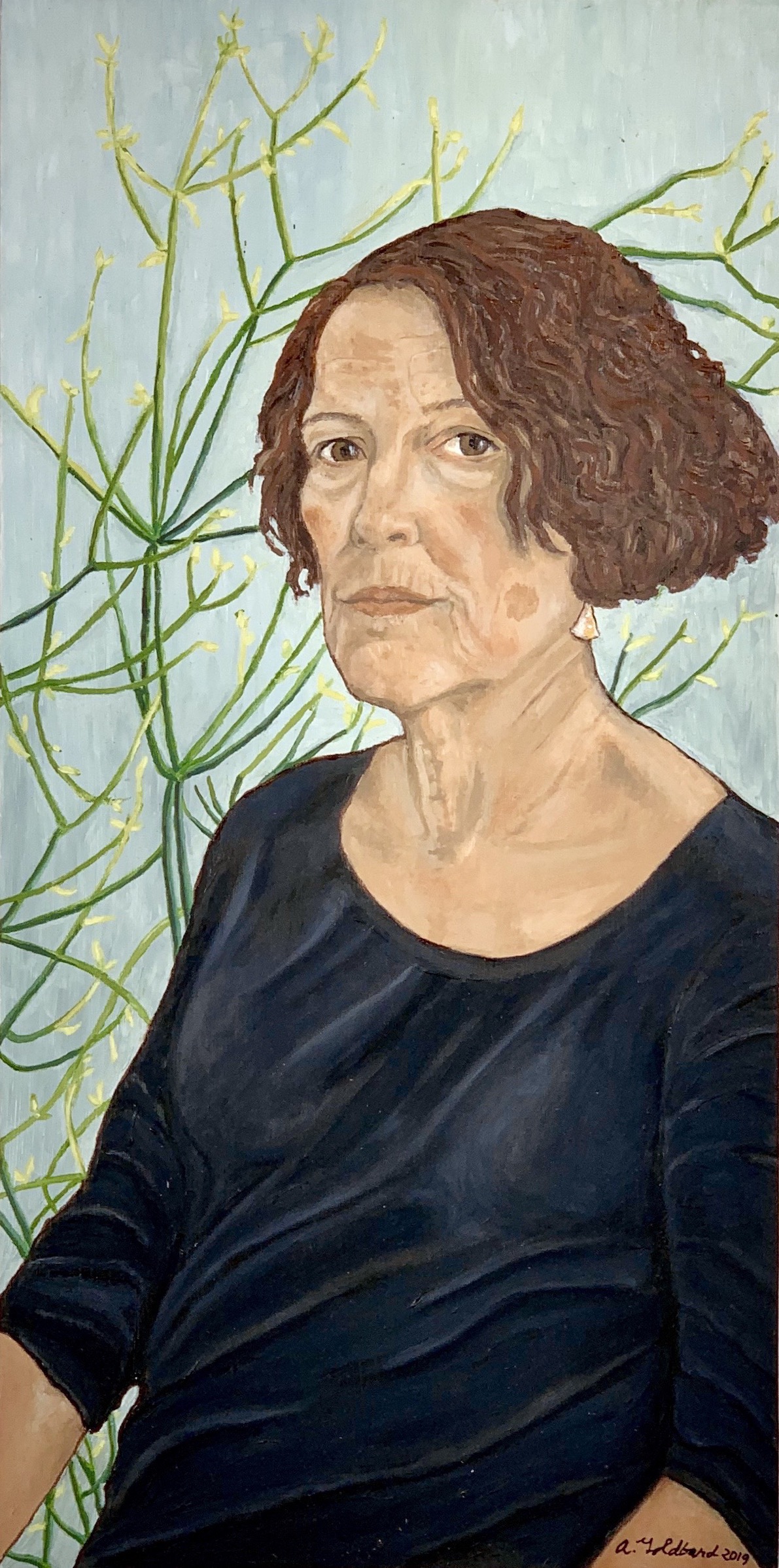 Self-portrait with euphorbia, 2019, oil on panel, 12x24